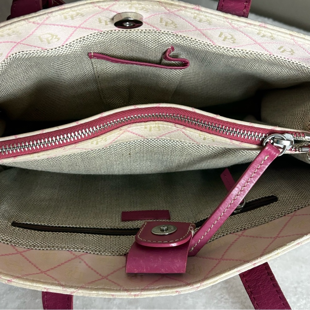 Dooney & Bourke Cream and Pink DB Monogram Tote Pink Leather Trim - Picture 6 of 16